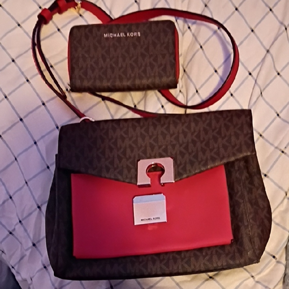 Michael Kors Brown MK Logo Shoulder Bag with Red Front Pocket and Wallet